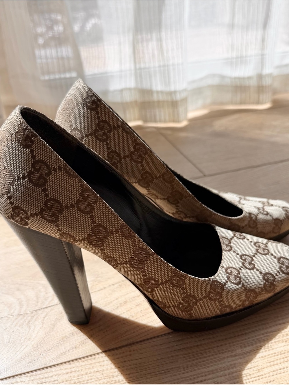 Gucci Monogram GG Canvas Platform Pumps in Beige and Brown